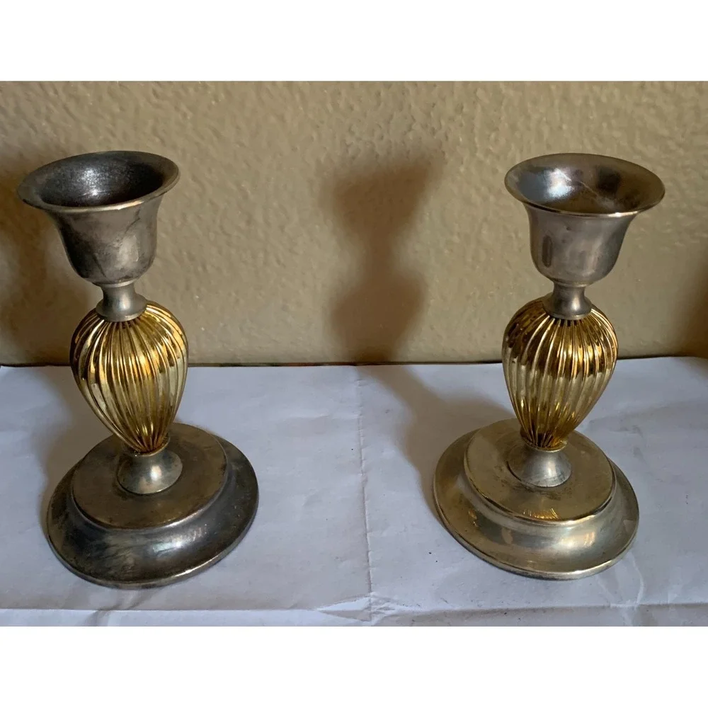 Vintage Silver and Gold Tone Metal Taper Candle Stick Holder Pair‎ Set of 2